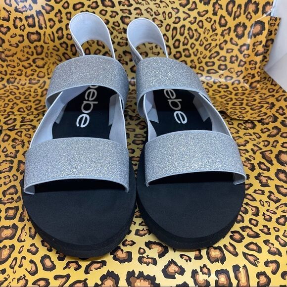 Bebe Atena Silver Giltter Stretch Sandals NWT Sz9 - Picture 5 of 16